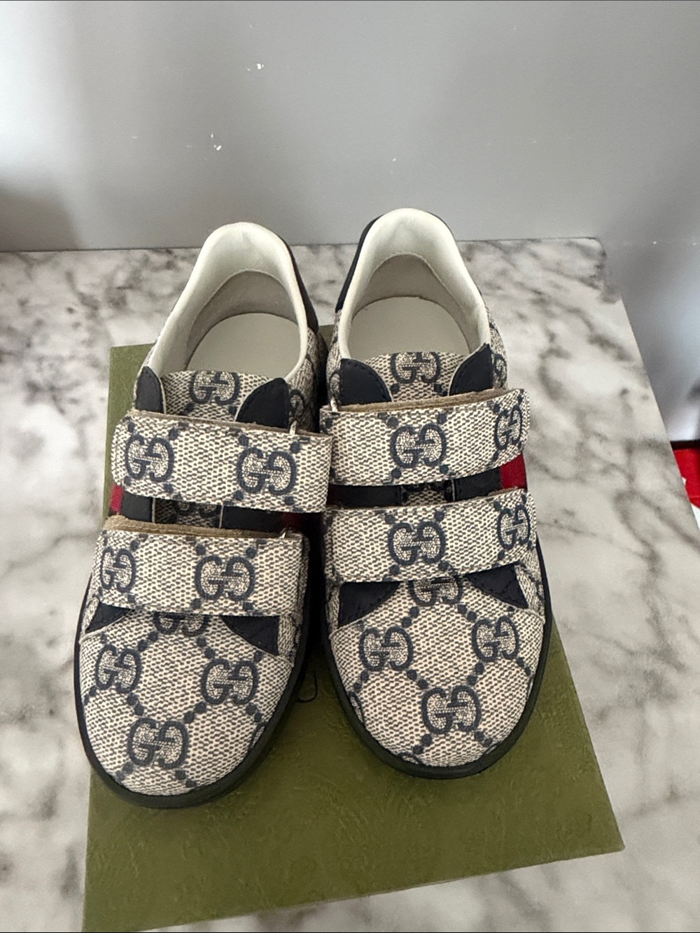 Gucci Kids GG Supreme Velcro Sneakers in Beige, Navy & Red Stripe